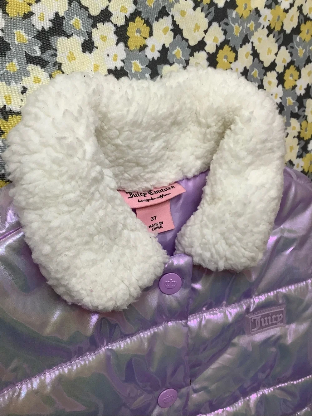 Kids Juicy Couture Iridescent Lavender Puffer Vest with Cream Sherpa Collar